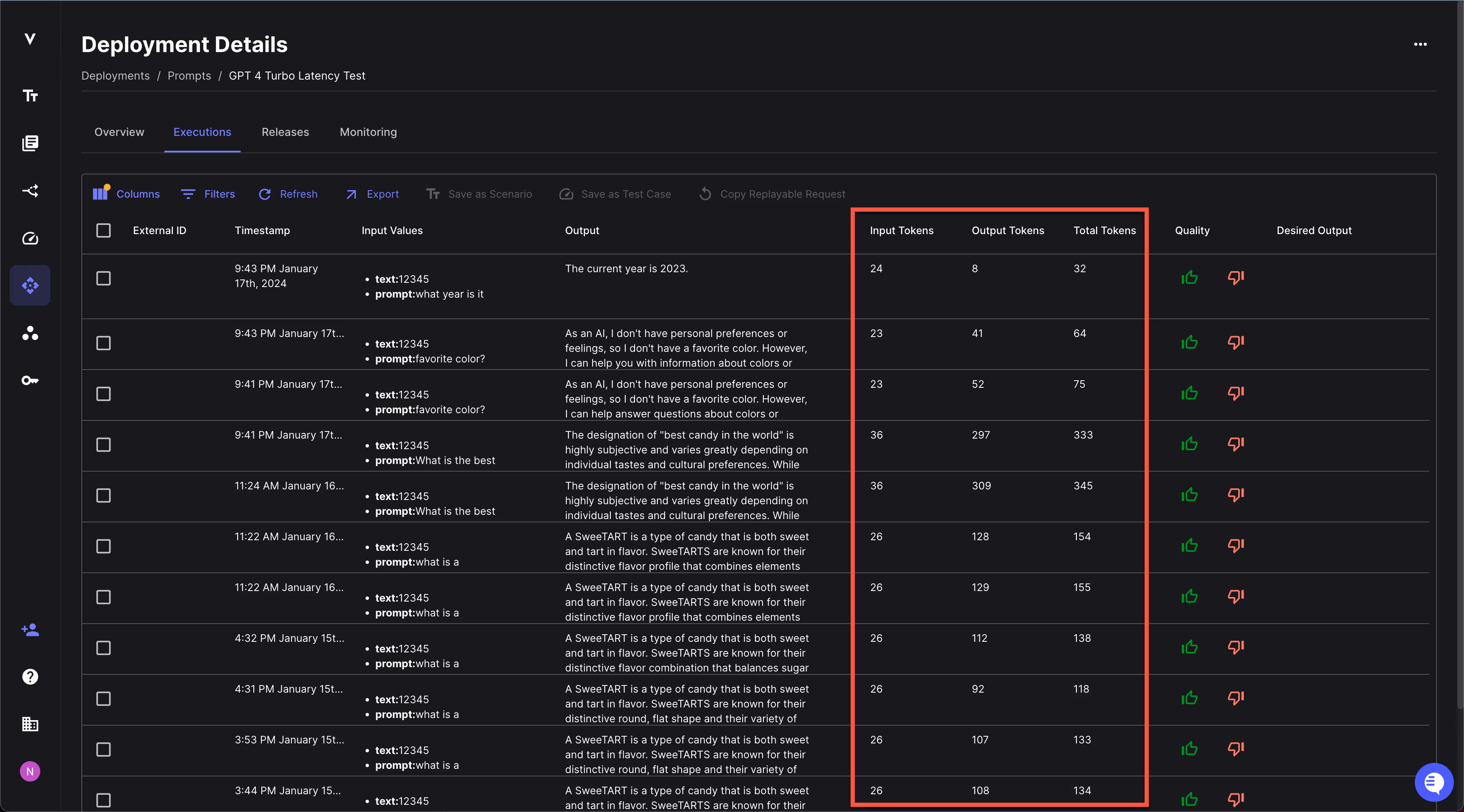 Screenshot of a deployed prompt in Vellum with usage tracking