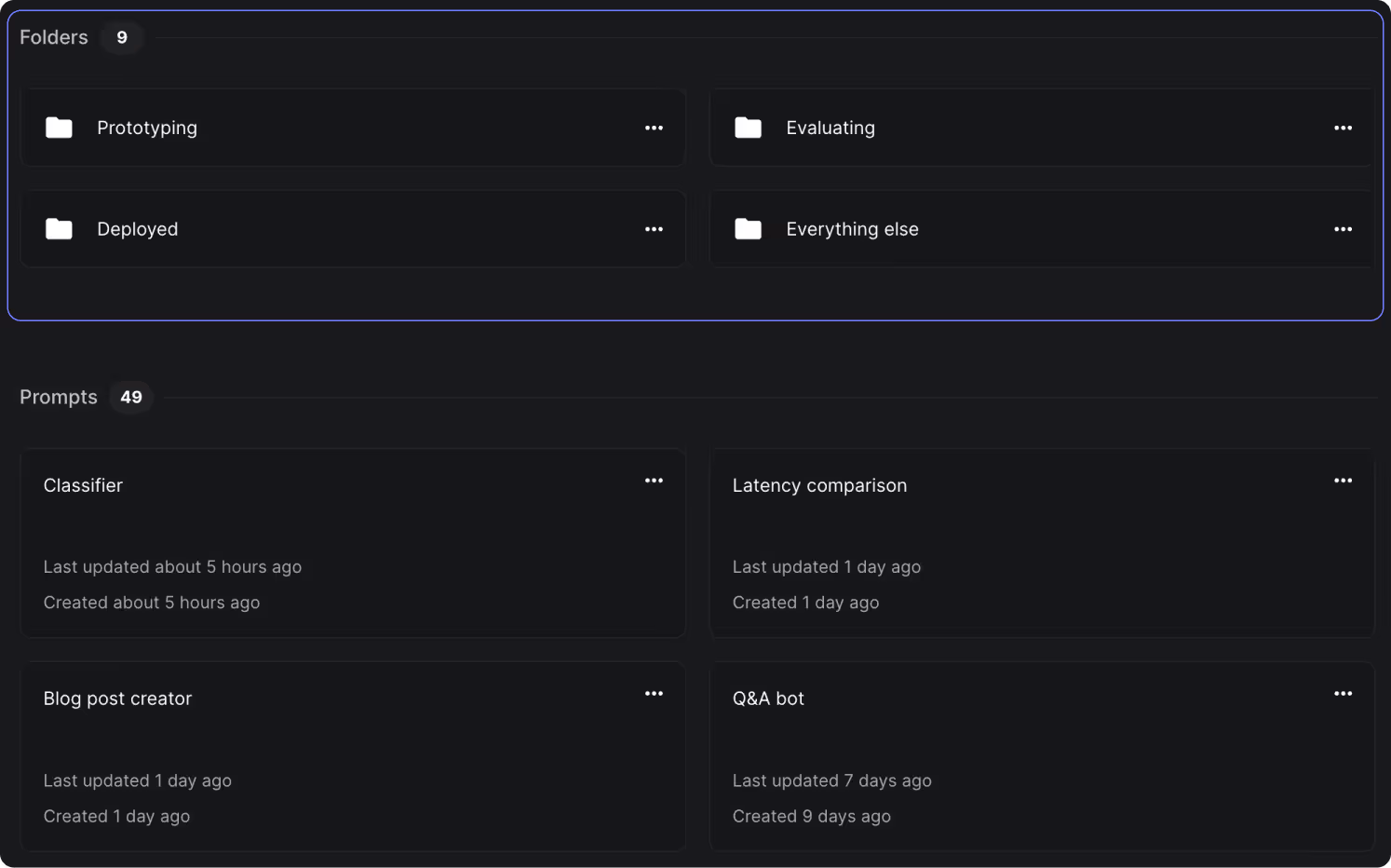 A screenshot of folders and prompts from Vellum.