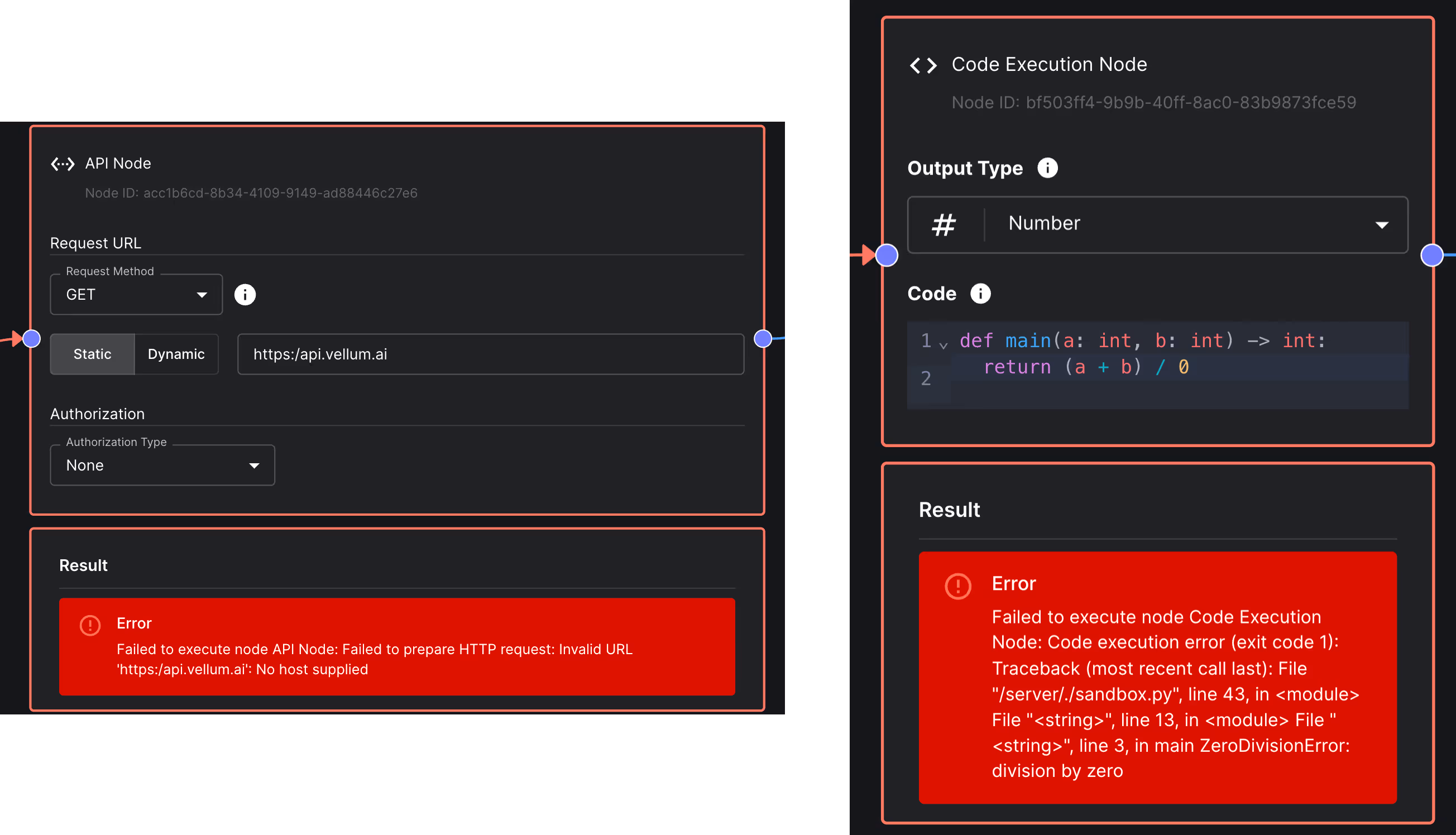 Preview of Error messages in Code and API nodes in Vellum