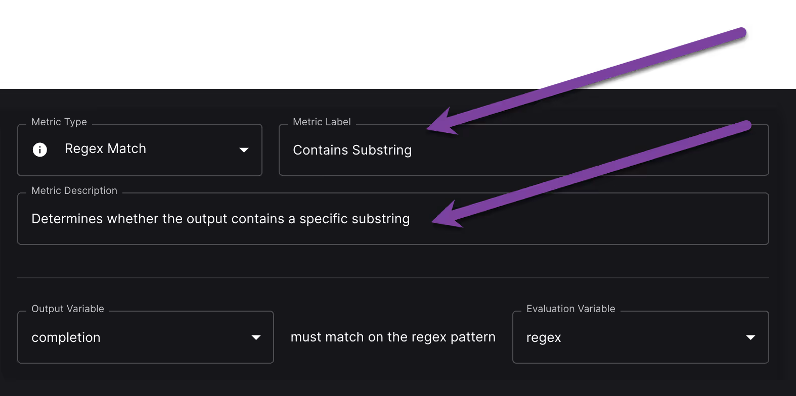 Screenshot from a metric configuration of the Regex Match metric