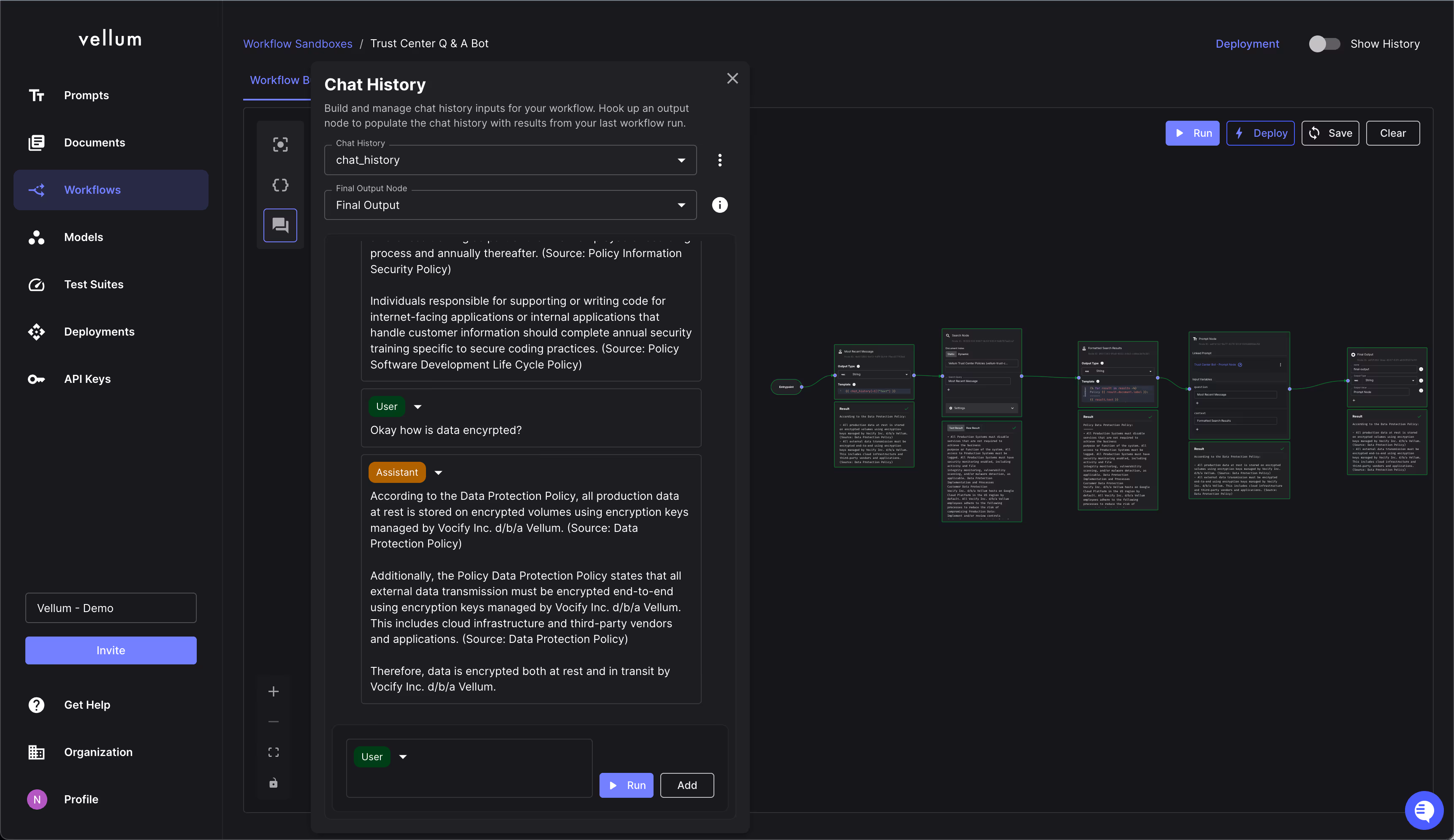 A screenshot from the Chat Panel where you can test chat-based Workflows