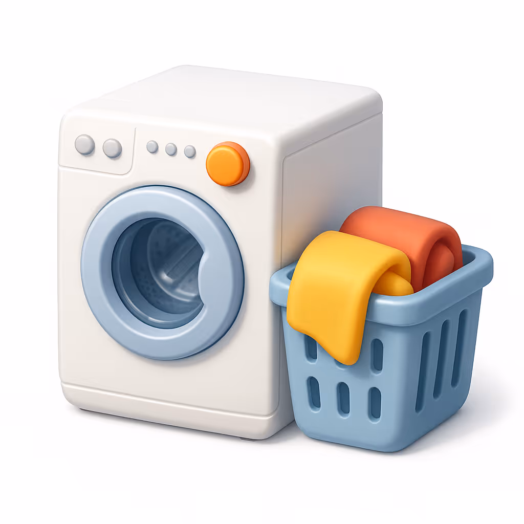 Lavadora blanca con puerta azul y cesta azul con ropa amarilla y roja.