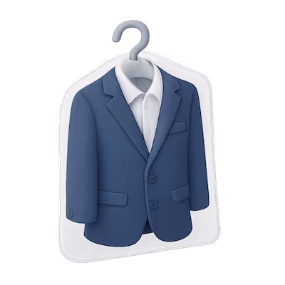 Saco azul y camisa blanca cubiertos con funda protectora colgados en percha.