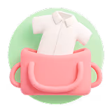 Camisa blanca saliendo de un bolso rosado con fondo circular verde claro.