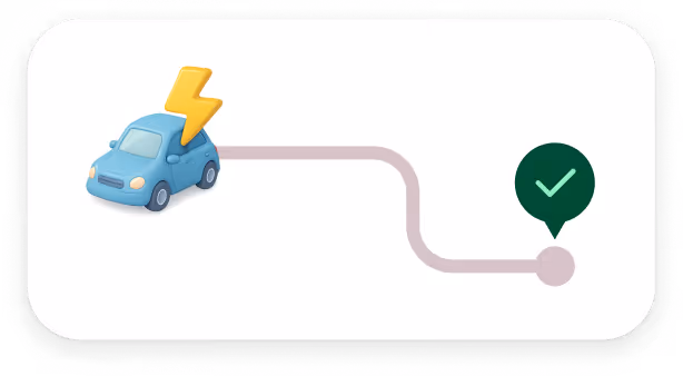 Ícono de auto eléctrico azul con rayo seguido de línea curva hacia un marcador con una marca de verificación verde.