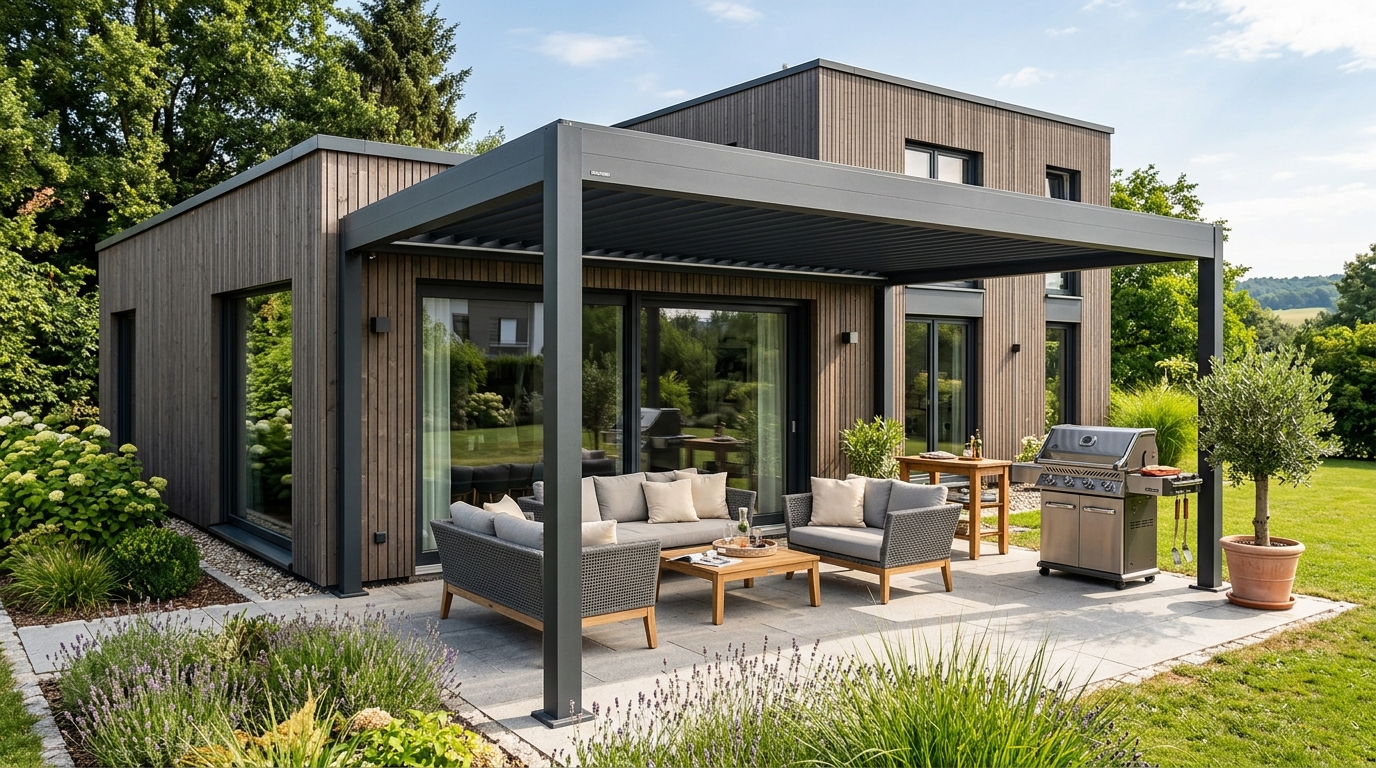 Freistehende Terrassenüberdachung an einem modernen Holzhaus mit Pfosten