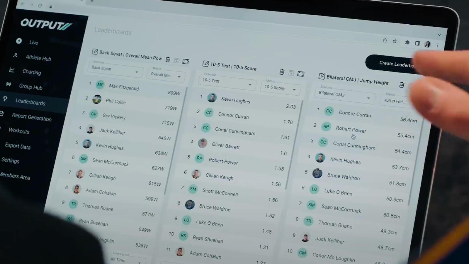 Output sports hub that shows a live leaderboard which coaches can use to increase effort and intent
