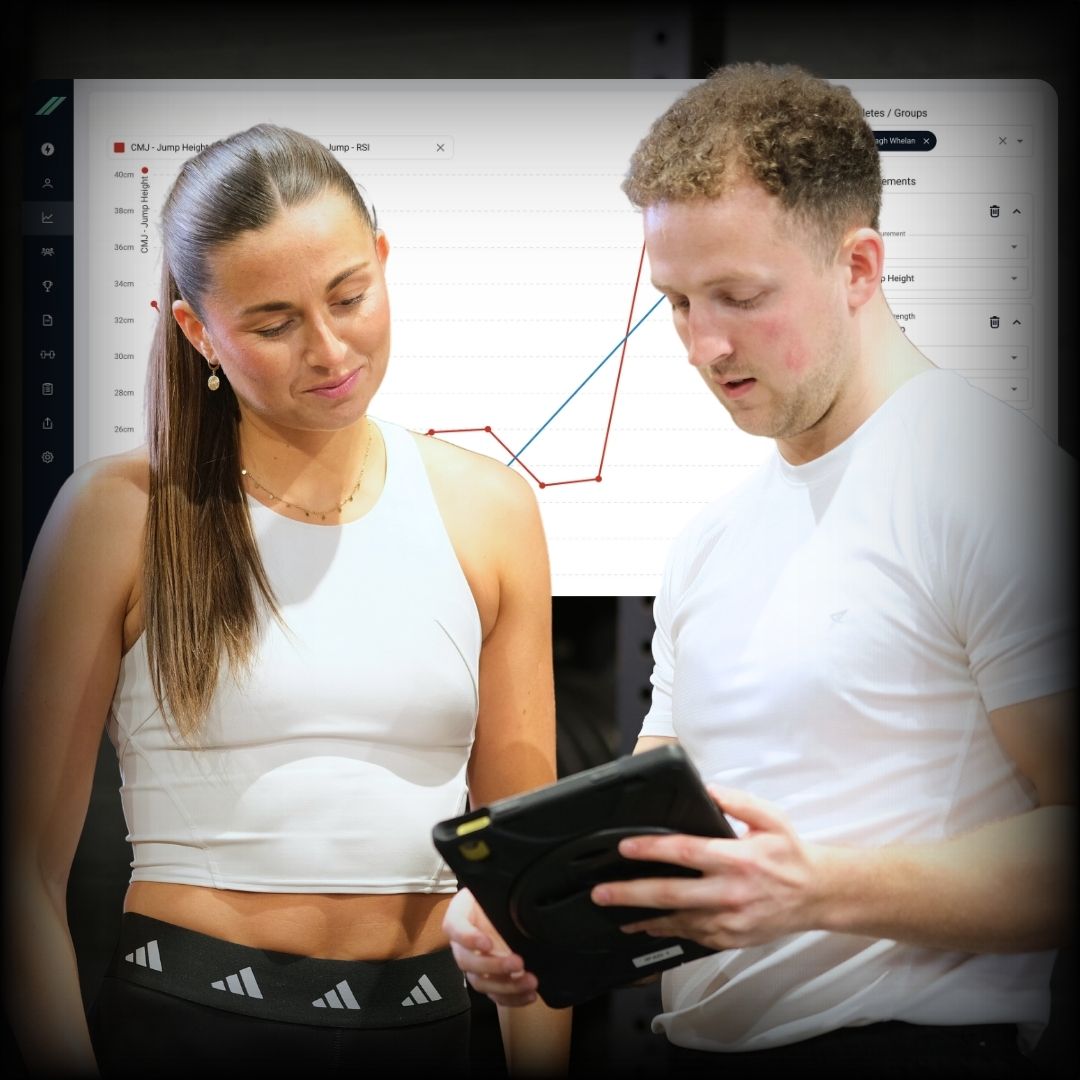 Coach showing an athlete feedback on their performance using the Output Sports system