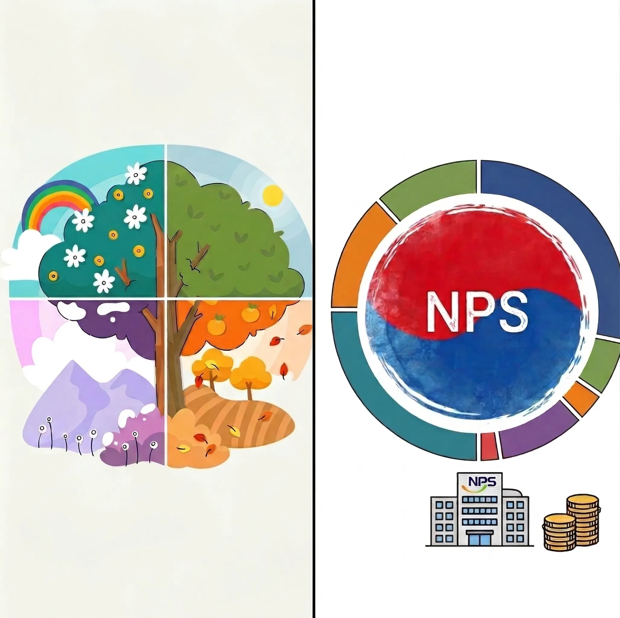 올웨더 포트폴리오와 국민연금 추종 전략 비교 개념 일러스트 - 사계절 나무로 표현한 올웨더와 NPS 자산배분 원형 차트