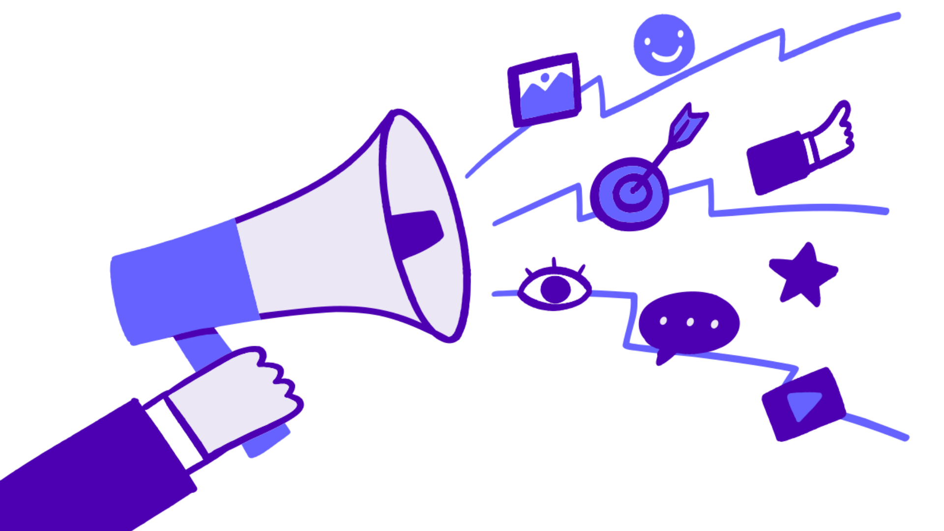 a hand holding a megaphone which represents brand voice and out of that megaphone several simple icons or emoticons are exiting