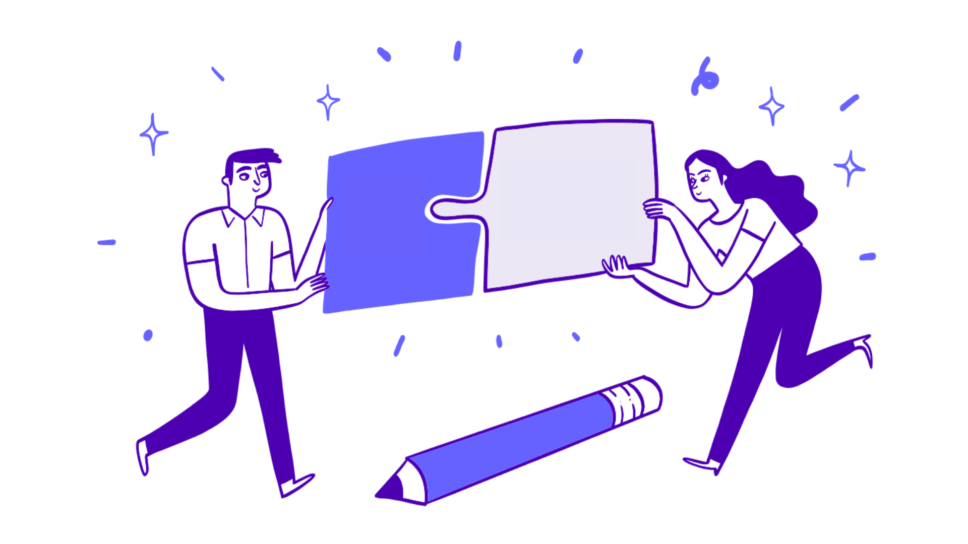 Two different people are holding complementary puzzle pieces and moving closer to connect them, symbolizing the formation of a new brand partnership.