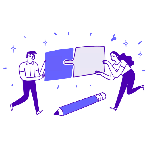 Two different people are holding complementary puzzle pieces and moving closer to connect them, symbolizing the formation of a new brand partnership.