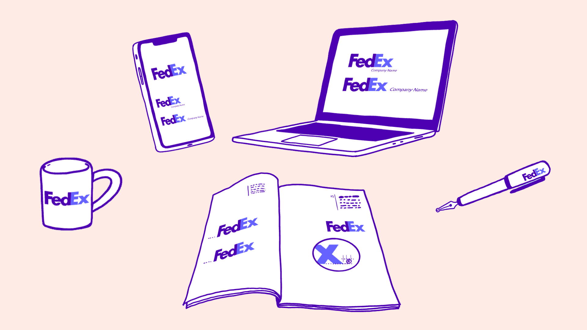 An artistic representation of internal branding via several internal objects having the same logo, in this case FedEx logo.