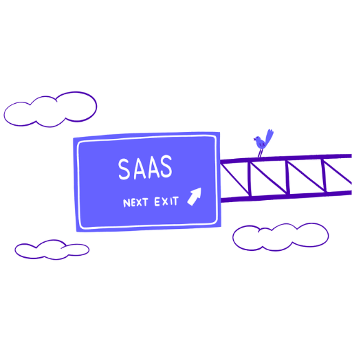 a little bird standing on a highway sign above the road which states "SAAS, NEXT EXIT" with an arrow pointing right (like a next highway exit)