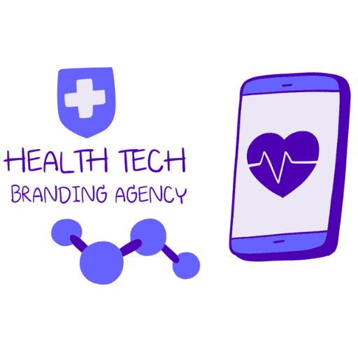 An artistic representation of health tech branding agency (with several icons, one representing healthcare industry and one representing tech)