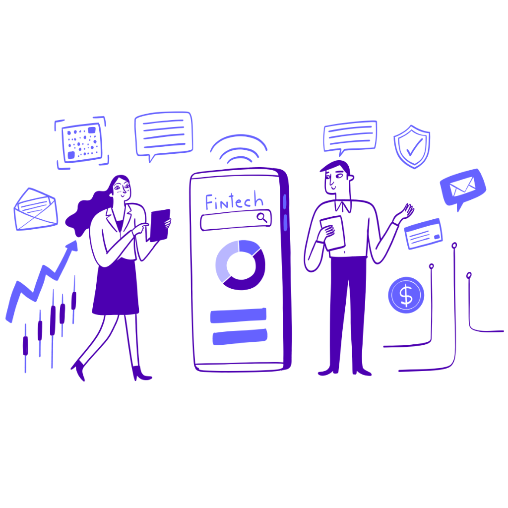 an artistic image of fintech branding with several descriptive icons, a woman and a man