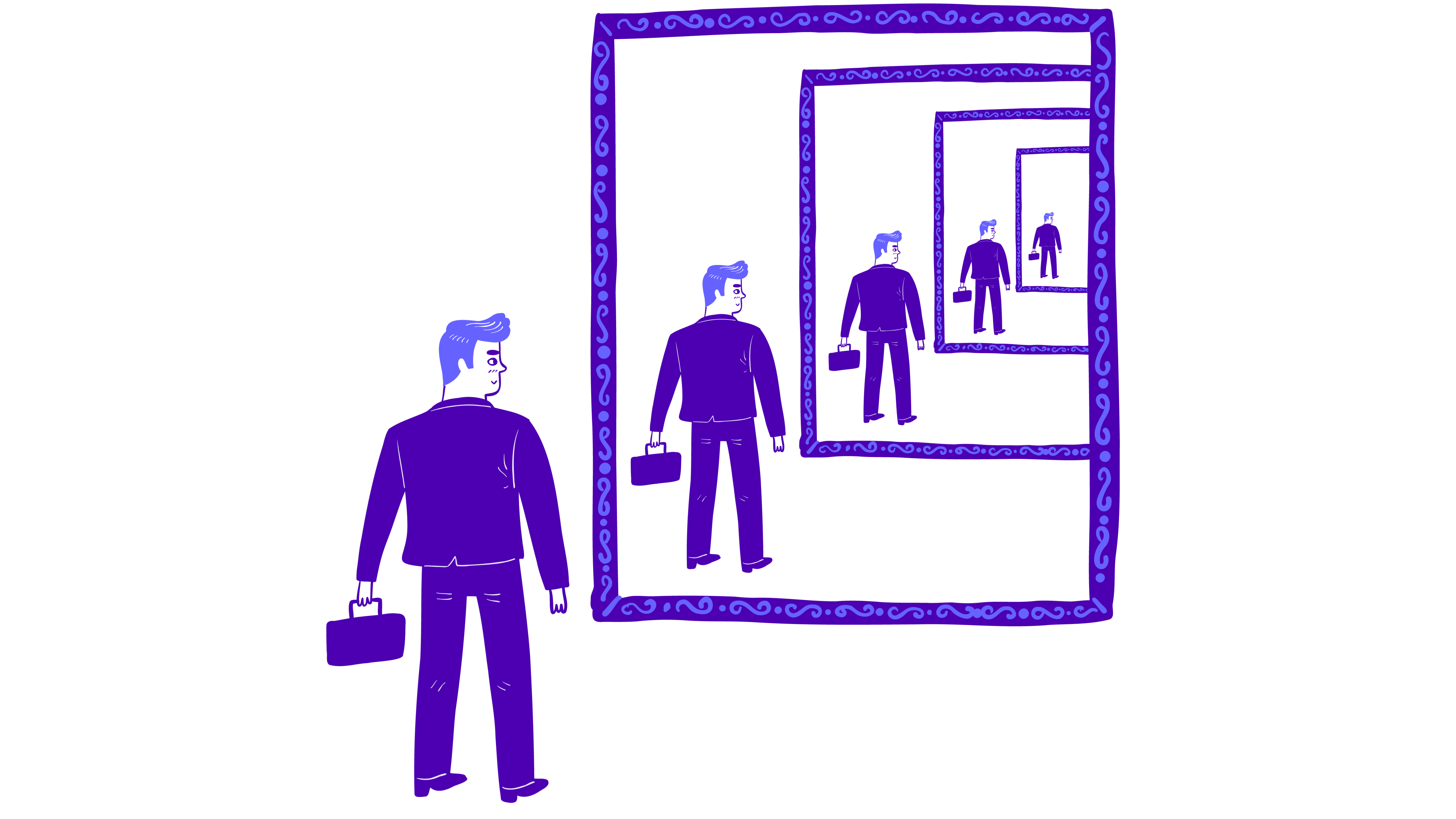 A businessman with a briefcase stands before a mirror, seeing multiple reflections of himself—each symbolizing the multiplication of his exit value.
