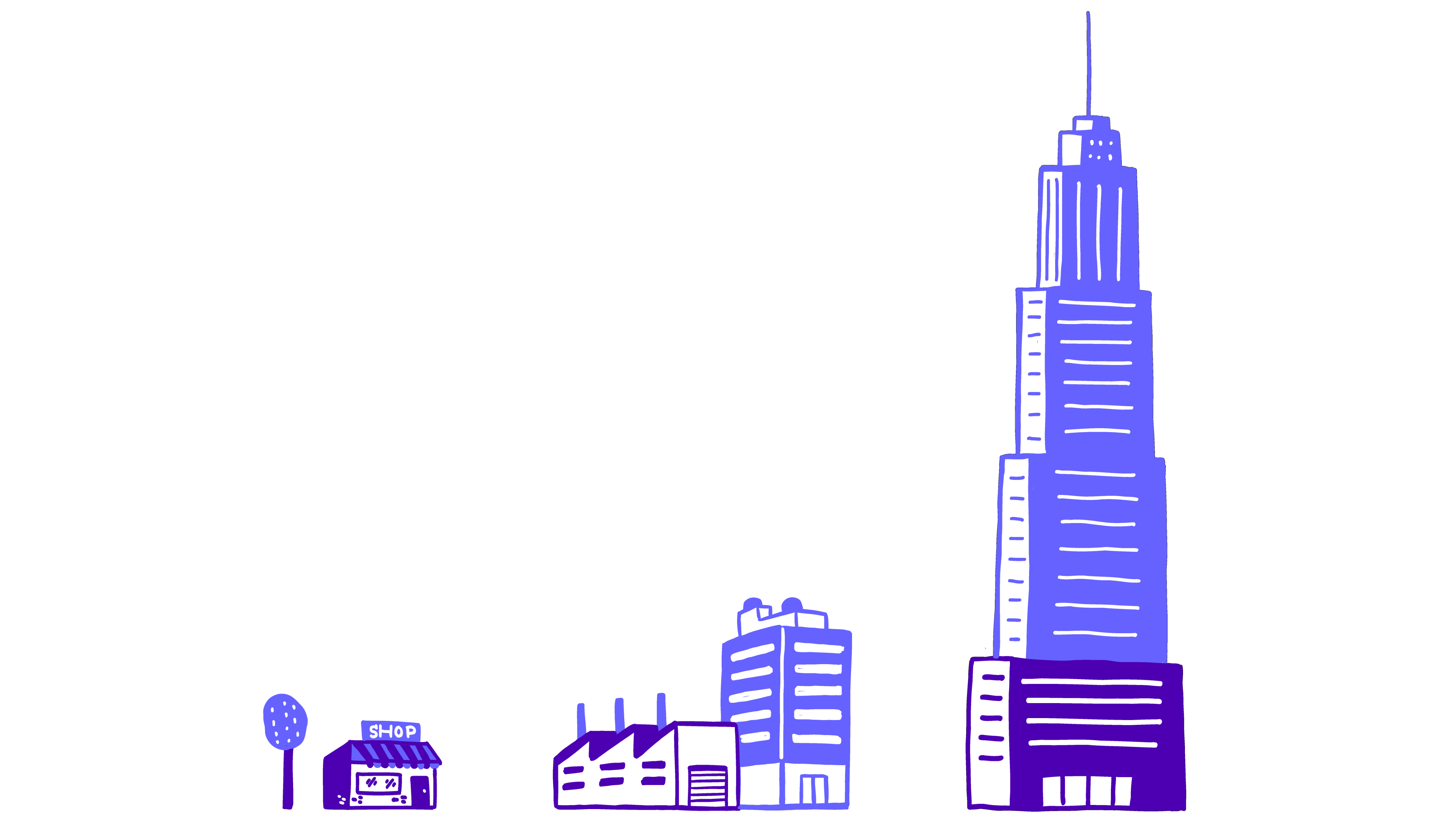 Three objects representing three different ICPs (from small businesses, to medium and large at the end)