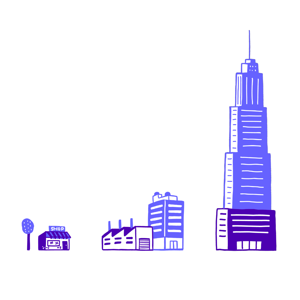 Three objects representing three different ICPs (from small businesses, to medium and large at the end)
