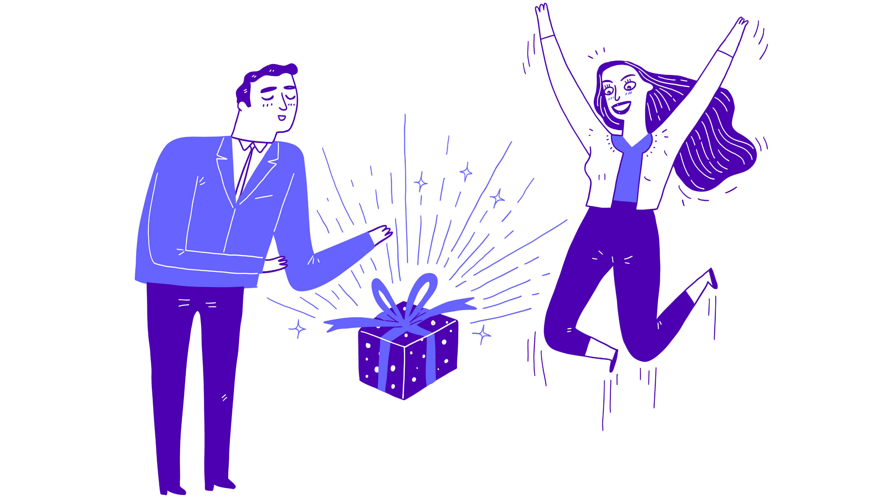 Two business people and a present or a gift between them that represents brand clarity as the gift that keeps on giving