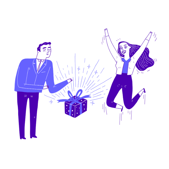 Two business people and a present or a gift between them that represents brand clarity as the gift that keeps on giving