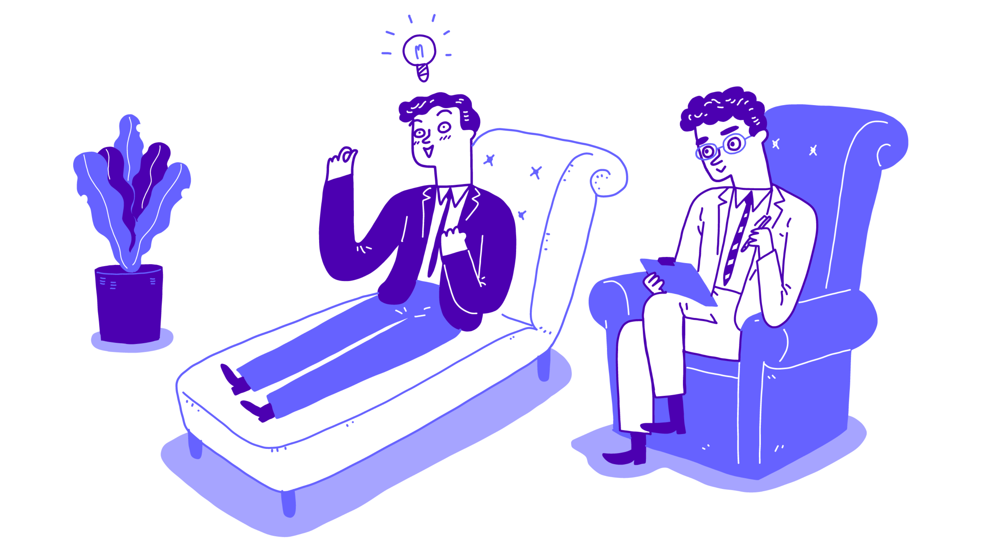 A therapist listening to a company owner who is on a couch and who just came to a resolution represented by an activated light bulb above his head.