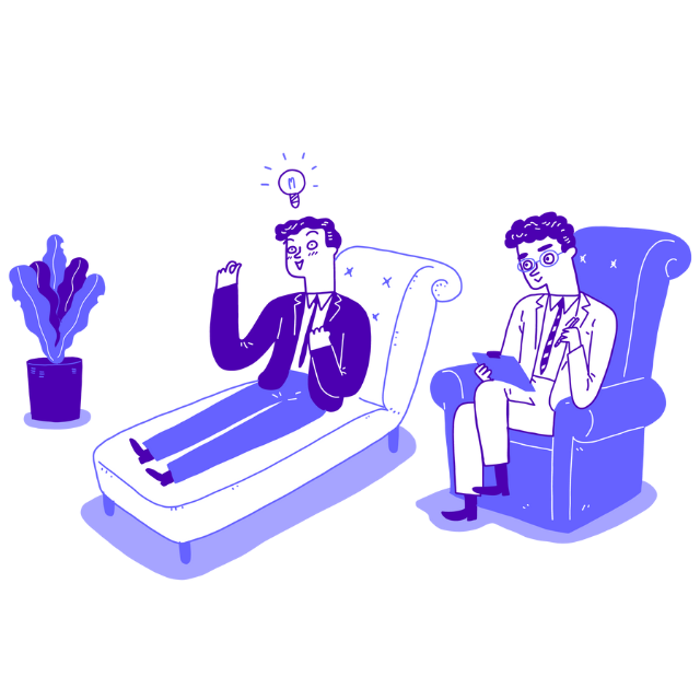 A therapist listening to a company owner who is on a couch and who just came to a resolution represented by an activated light bulb above his head.