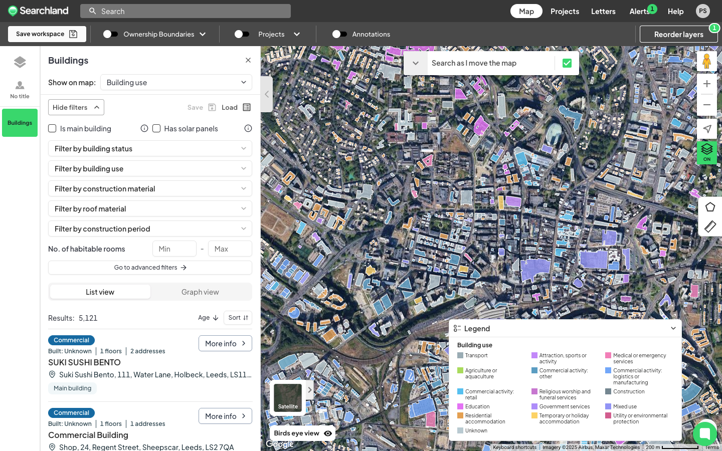 Searchland UI | Buildings tool showing the Building Use type of structures across Birmingham