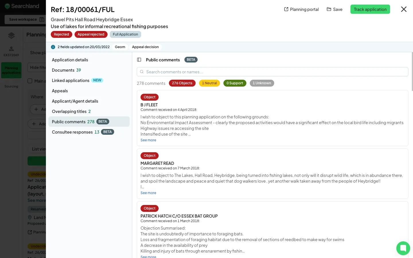 Public comments feature in Searchland