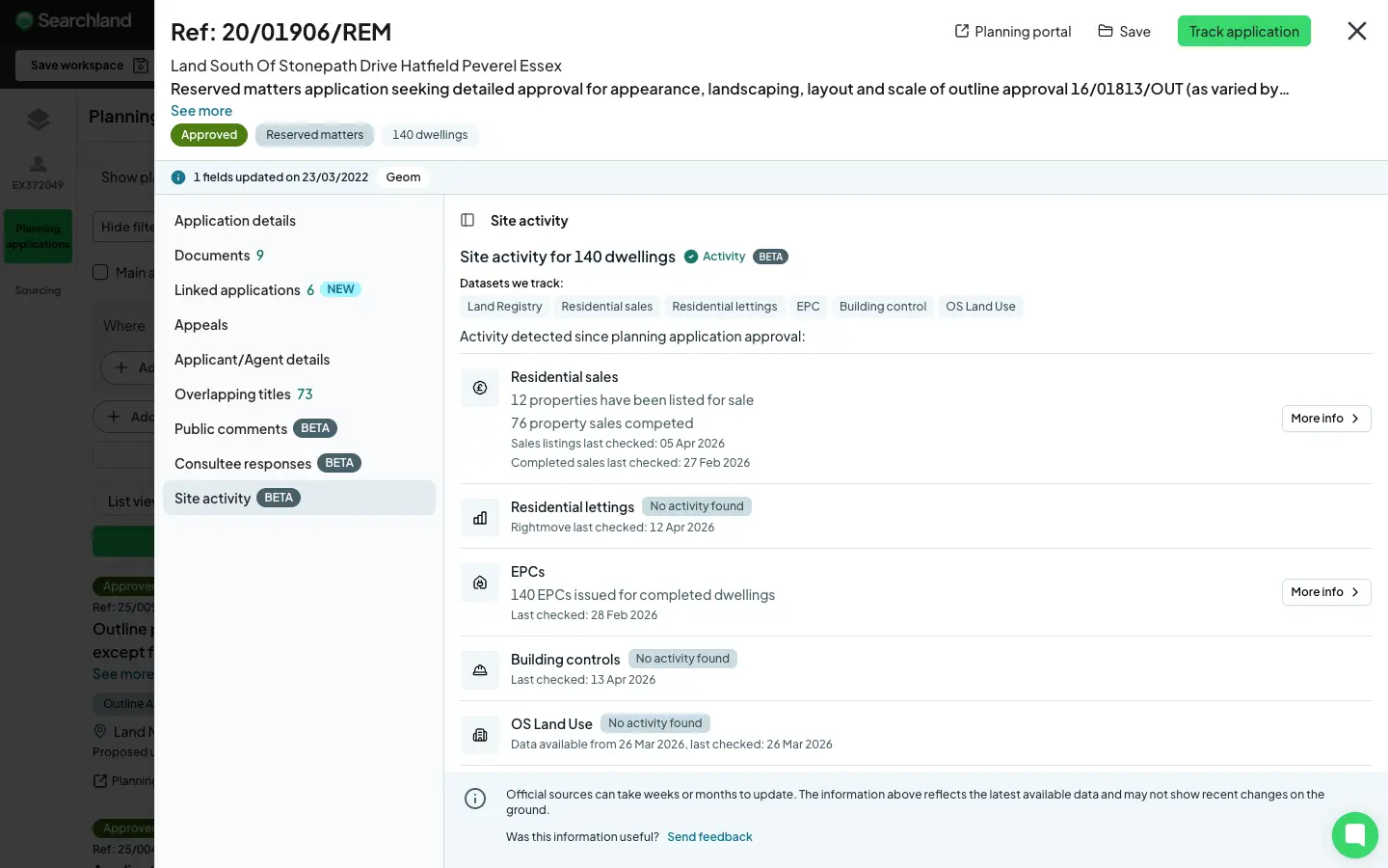 Site activity page in Searchland