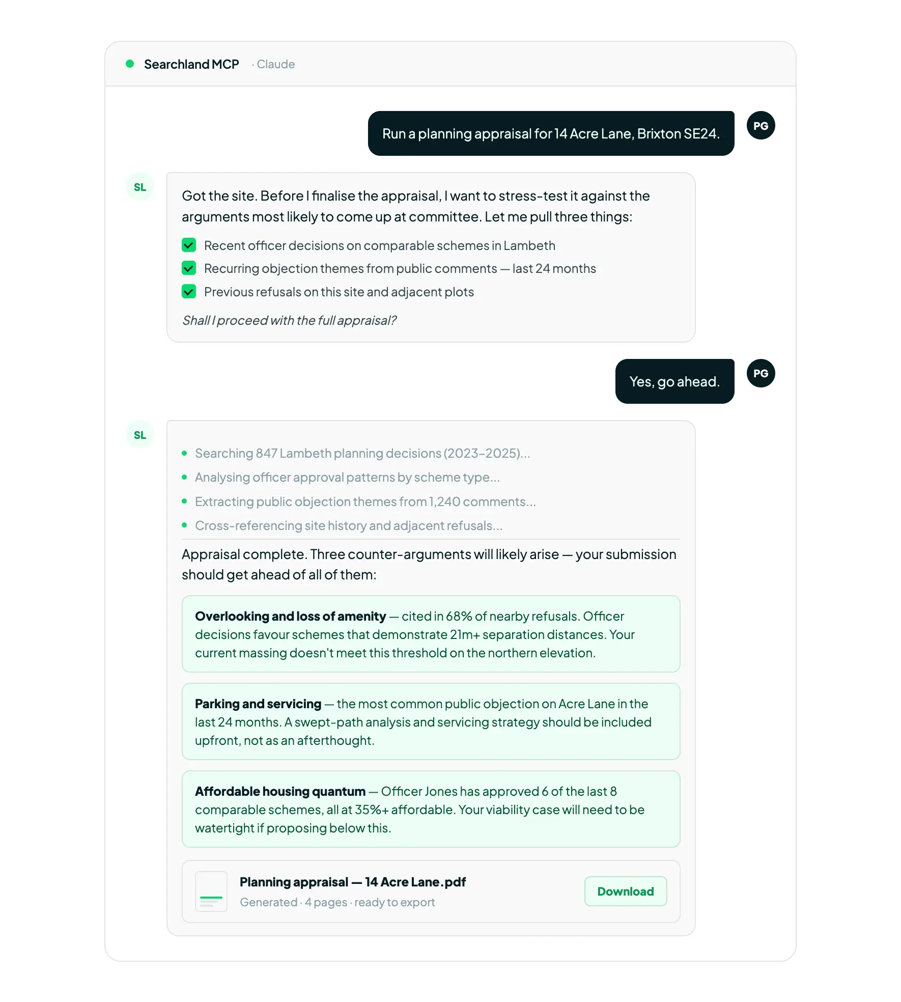 A chat interface mockup showing a planning appraisal workflow using the Searchland MCP connector. A user requests a planning appraisal for 14 Acre Lane, Brixton. The AI proactively identifies three areas to investigate — recent officer decisions, public objection themes, and previous refusals — before proceeding. It then works through four data steps and returns three specific counter-arguments covering overlooking and amenity, parking and servicing, and affordable housing quantum, each with data-backed detail. A generated PDF report is shown ready to download at the bottom of the response.