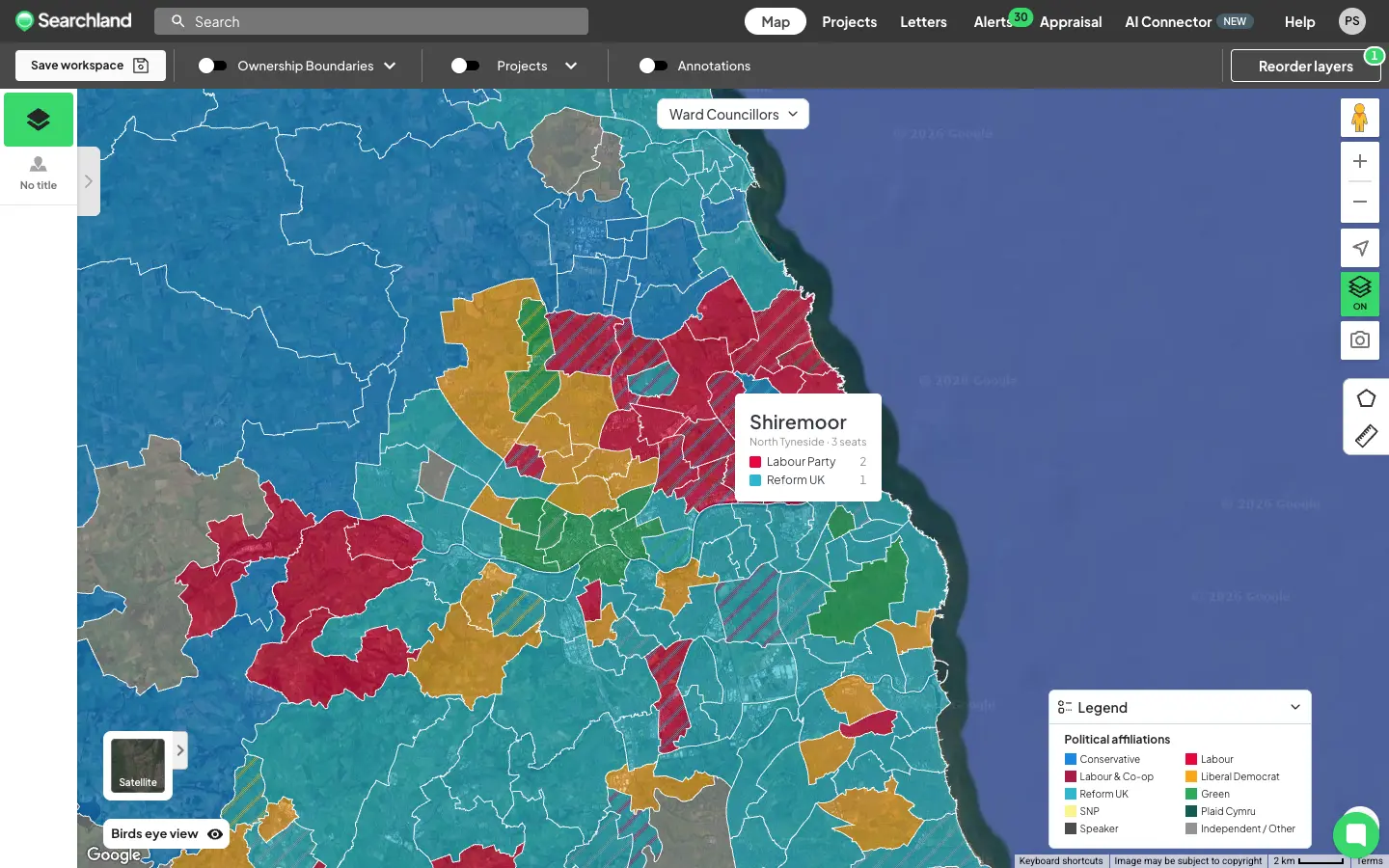 Searchland map of the Tyneside area with wards coloured by political party. A tooltip for the Shiremoor ward in North Tyneside shows three seats: two Labour Party and one Reform UK. A legend lists party colours including Conservative, Labour, Reform UK, Liberal Democrat, Green, SNP and Plaid Cymru.