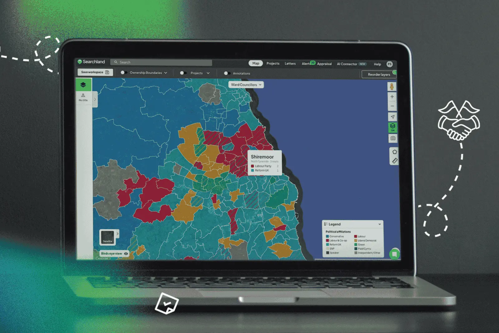 Laptop displaying the Searchland platform with the new Political Affiliations map layer. Wards across Tyneside are coloured by political party, with a tooltip showing the Shiremoor ward in North Tyneside has two Labour Party seats and one Reform UK seat. D