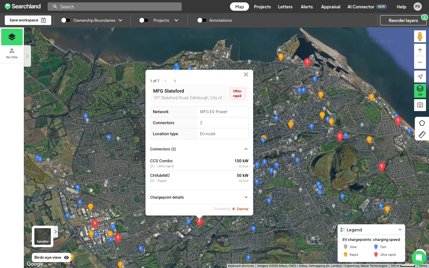 Searchland UI showing EV chargers on a map in the Edinbugh area