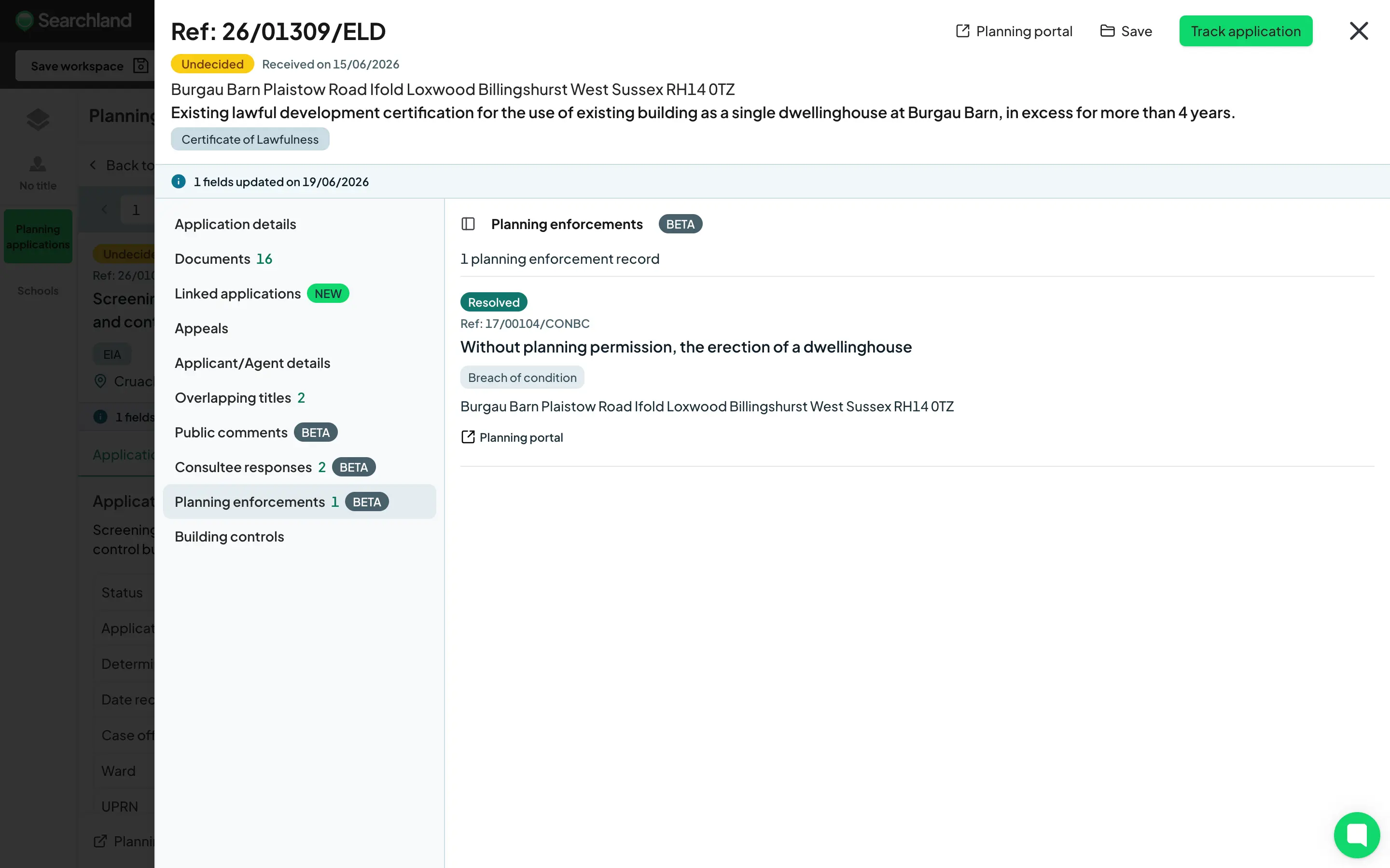 Screenshot of Searchland's planning application drawer showing a resolved planning enforcement for unauthorised erection of a dwellinghouse, listed as a breach of condition with reference and planning portal link.