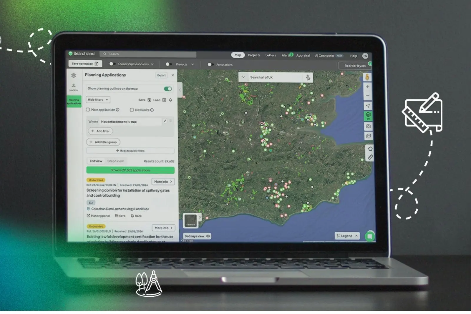 Laptop screen showing the Searchland platform with the Planning Applications filter panel open, filtering by "Has enforcement is true" across 29,602 applications, with results plotted on a map of southeast England.