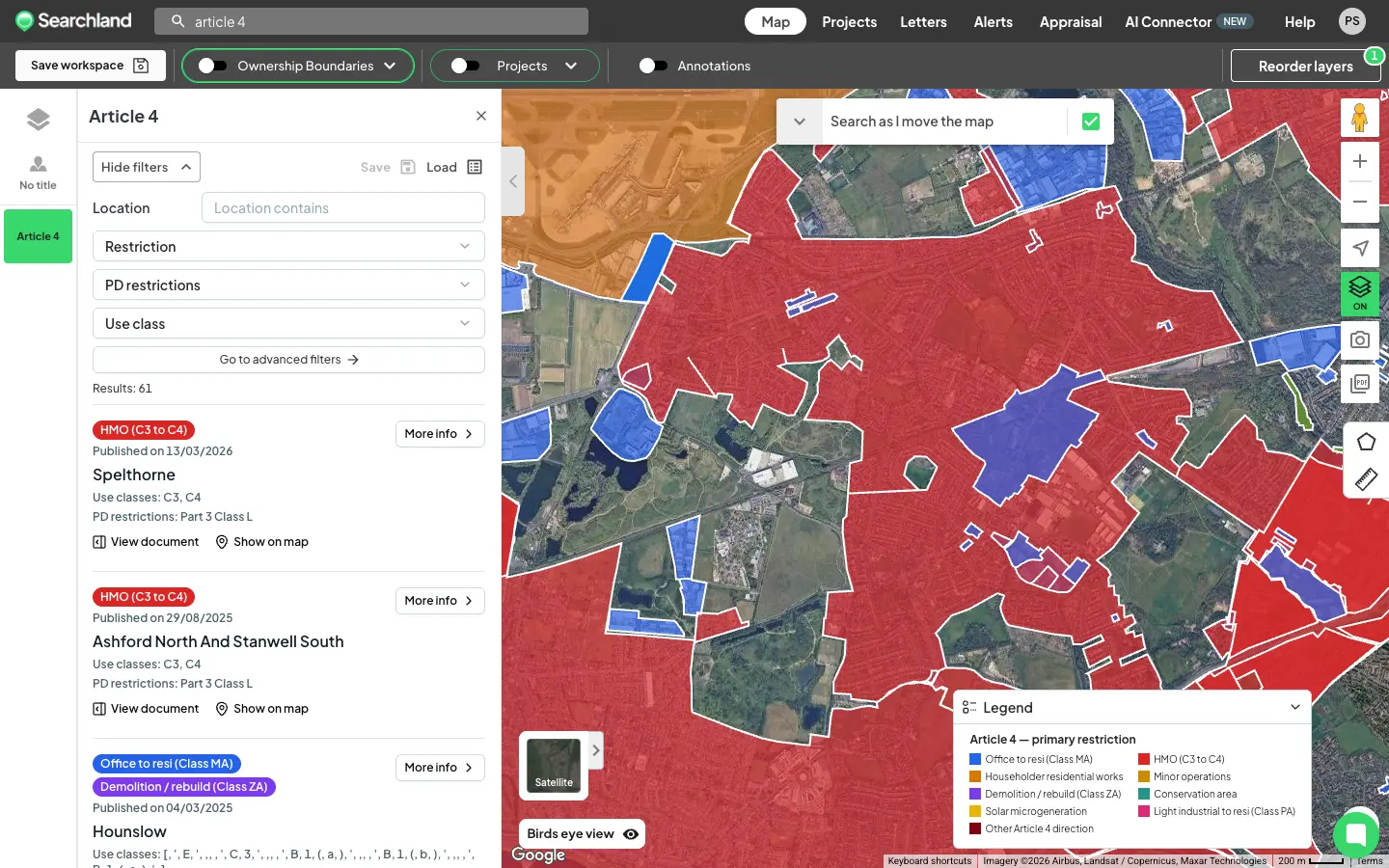 Screenshot of the Searchland platform showing the Article 4 search panel, with filters for Location, Restriction, PD restrictions and Use class, a results list of HMO and office-to-residential directions, and a map of an area near Heathrow colour-coded by Article 4 restriction type with a legend in the bottom right.