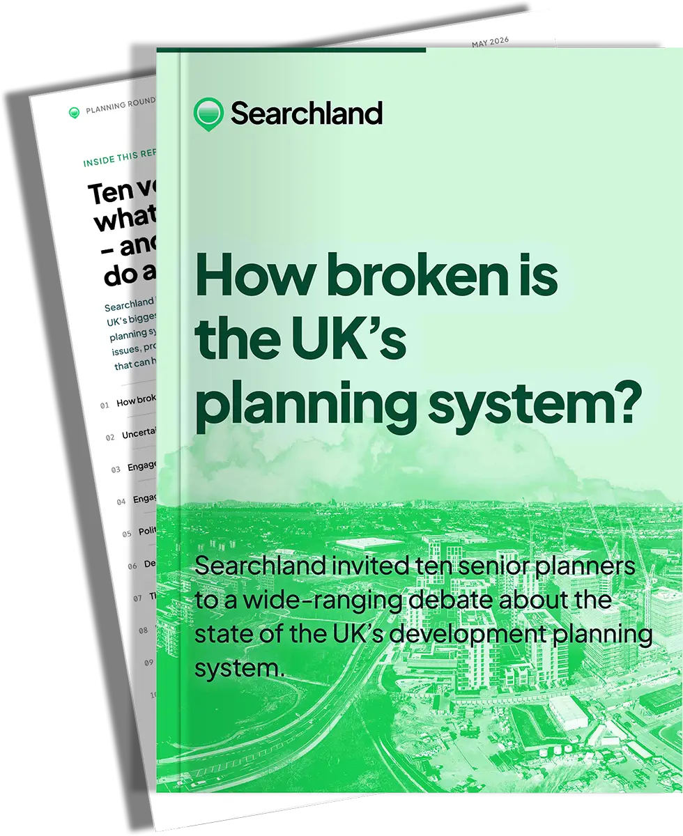 Cover mockup of Searchland's "How Broken Is the UK's Planning System?" report, part one of the UK planning whitepaper series
