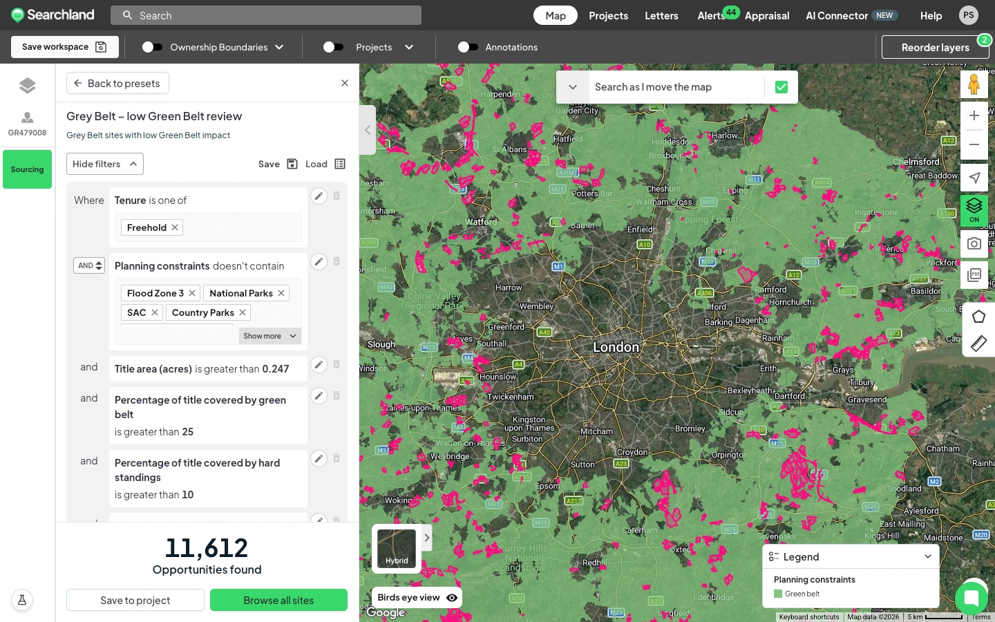 Searchland sourcing tool showing 11,612 Grey Belt opportunities in the Green Belt around London, August 2026