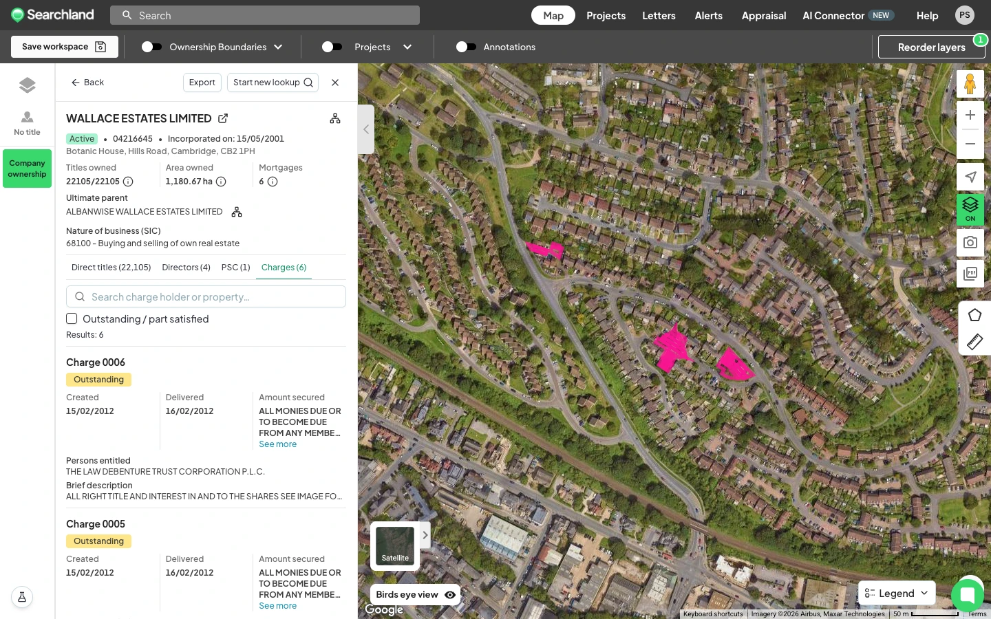Screenshot of the Searchland platform showing the Company ownership panel for Wallace Estates Limited, with the Charges tab open listing six registered charges against the company, alongside a satellite map highlighting the company's owned land parcels.