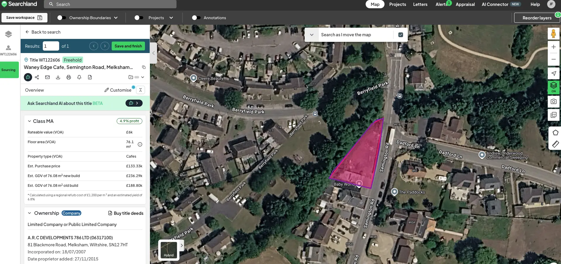 Searchland map view of a Class MA site appraisal, showing estimated purchase price, gross development value and profit percentage for a title