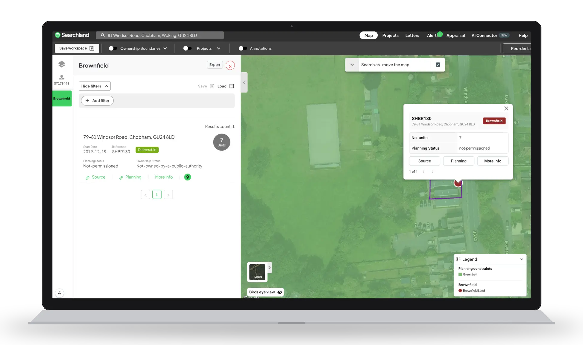 Searchland screenshot of a brownfield site in Chobham, Surrey's Green Belt, shown on a laptop