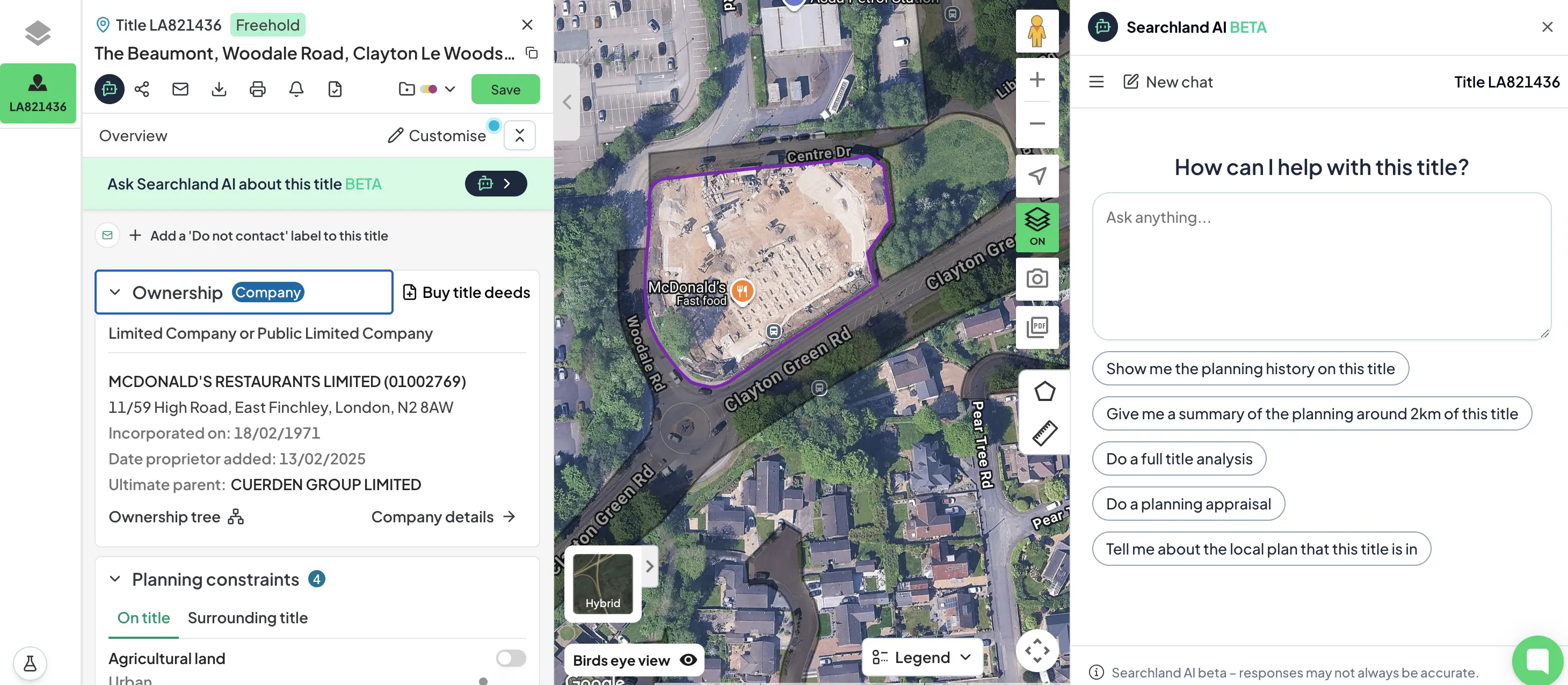 Searchland map view of a McDonald's drive-thru development site in Clayton-le-Woods, showing the title boundary, ownership details, and AI assessment panel