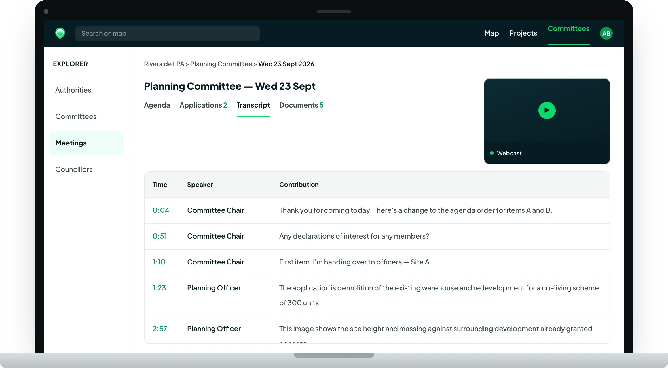 Searchland's Committee Explorer Feature Showcasing Meetings