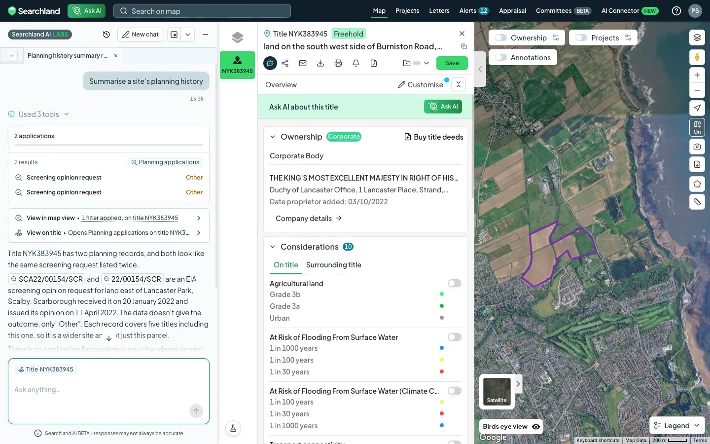 Searchland UI | Ask AI assistant summarising the planning history of a selected title, shown alongside the title’s ownership and constraints panel and a satellite map with the site boundary outlined