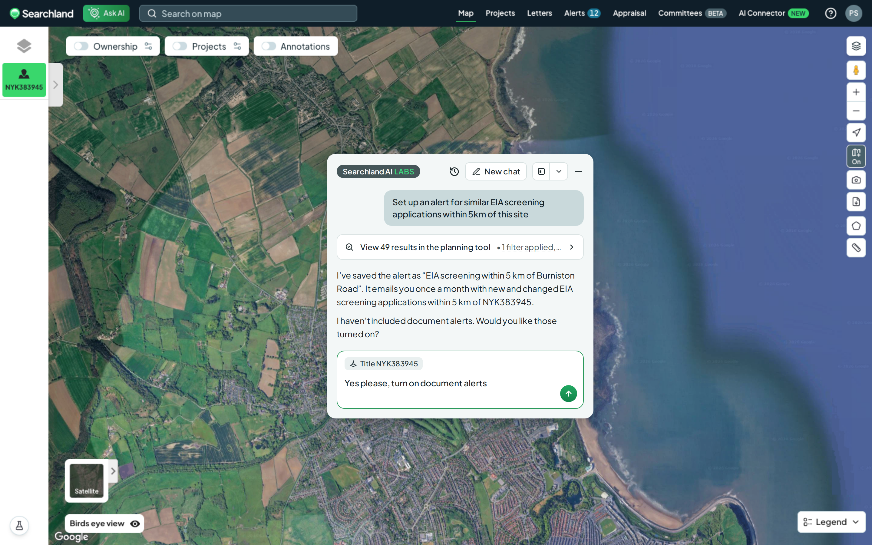Searchland UI | Ask AI assistant on the map confirming a monthly email alert for EIA screening applications within 5 km of a selected title, with 49 matching applications found and a follow-up asking whether to turn on document alerts