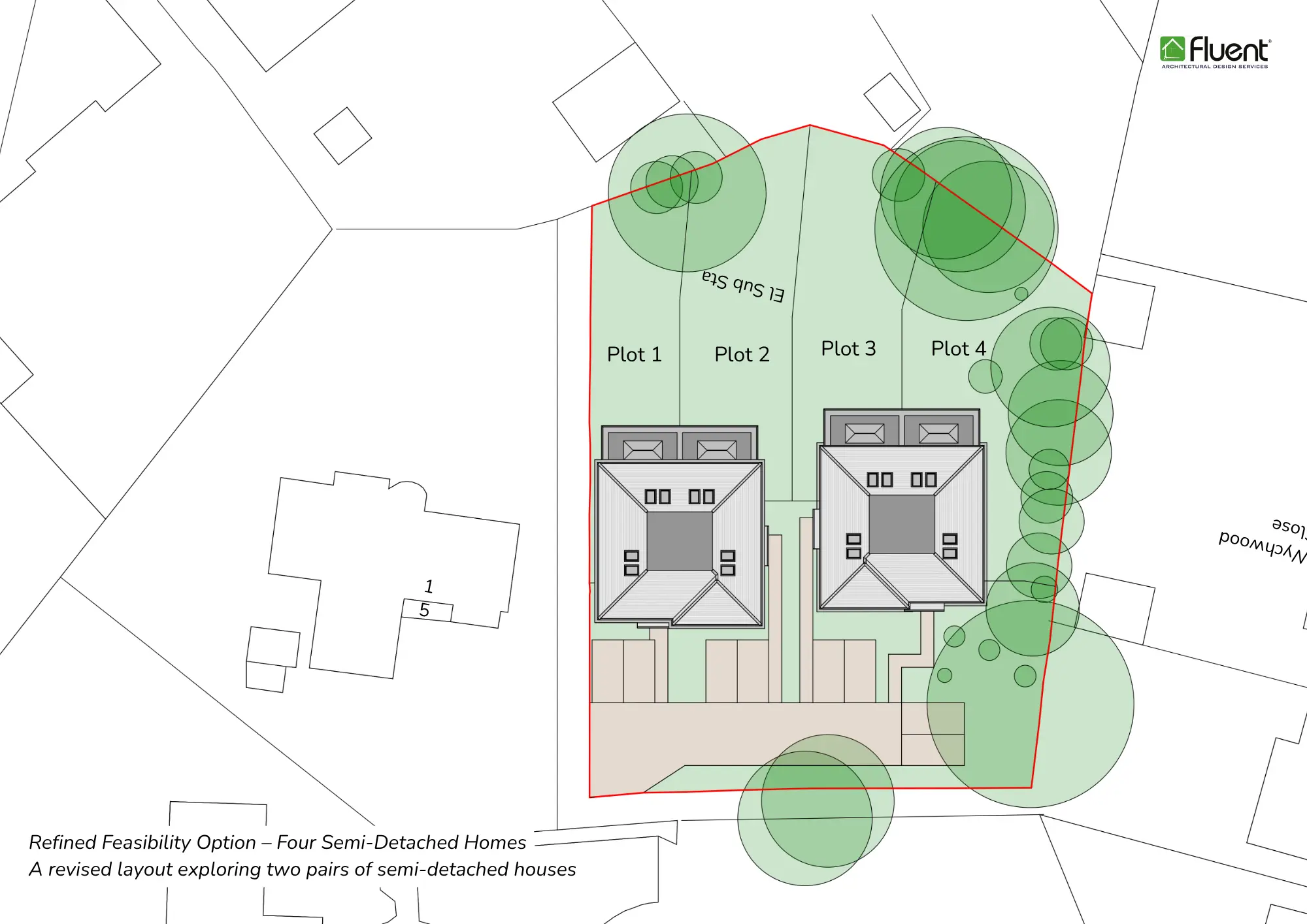 Architectural drawing of two pairs of semi detached homes