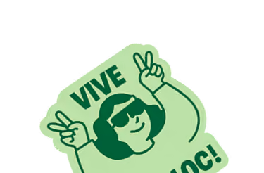 Illustration of a person wearing sunglasses showing peace signs with both hands, text says Vive la coloc!