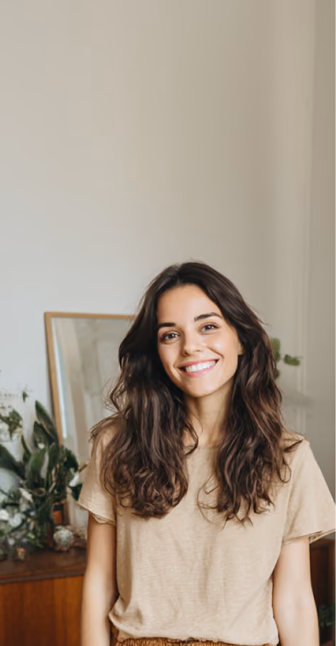Jeune femme souriante avec de longs cheveux bruns, portant un t-shirt beige dans une pièce avec des plantes.