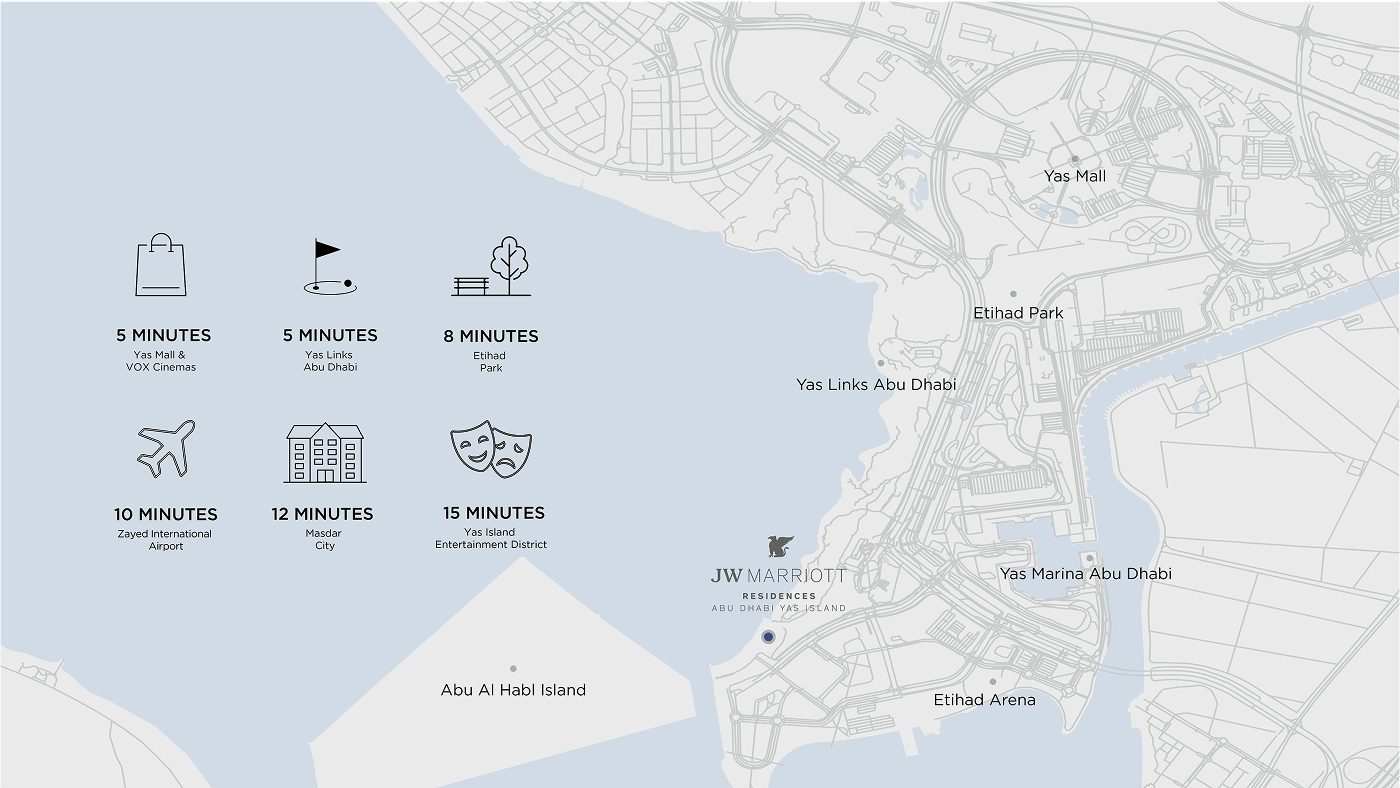 Map showing travel times from JW Marriott Residences Abu Dhabi to nearby attractions and landmarks.